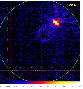 Пример «первого света» ART-XC. Изображение участка неба 0.3 кв. град с рентгеновским пульсаром Cen X-3, полученное 30.07.2019 на одном из семи детекторов URD28