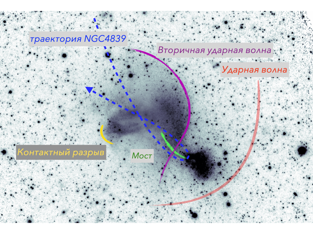Рис.2 Рентгеновское изображение, в котором яркость центральной части искусственно подавлена, со схематичными обозначениями наиболее значимых структур, связанных с процессом слияния скопления с группой NGC 4839 (с) Российский консорциум СРГ/еРОЗИТА, 2021